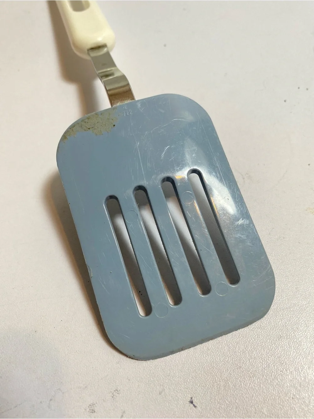 VTG Bonny USA Slotted Spatula Turner Blue Head White Plastic Handle Stainless